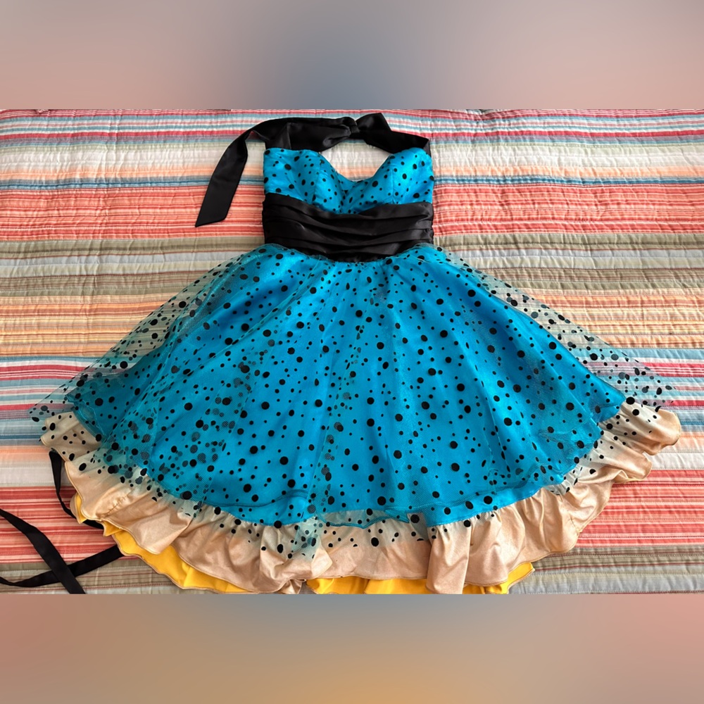 Vintage Blue & Gold Polka Dot Corset Halter Top Flare Tulle Mini Dress